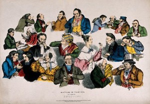 view Different types of snuff takers. Coloured lithograph by W. Clerk after J. J. Grandville.