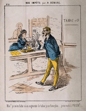 A Frenchman in a tobacconist's declares he will take snuff to defy the increasing tax on tobacco. Coloured lithograph after H. Demare, c. 1870.