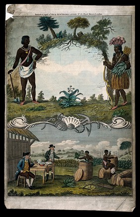 A tobacco plantation with workers, a Mexican Indian (?) and two European masters. Coloured engraving, c. 1821.