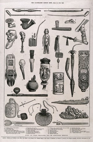 view Thirty tobacco-pipes from various countries of the world. Wood engraving, c. 1873, after J. T. Balcomb.