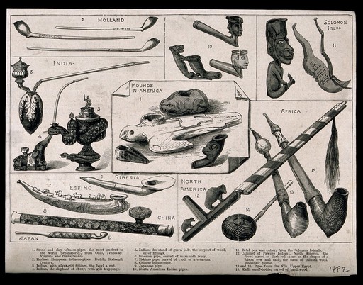 Fourteen pipes and smoking accessories from various countries. Wood engraving, c. 1882.