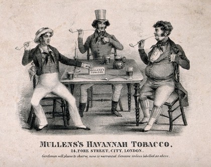 Three men (sailors?) sit at a table smoking pipes and drinking. Lithograph, early 19th century.