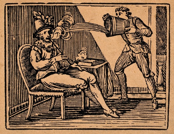 Sir Walter Raleigh smoking a pipe and being doused by a servant who thinks he's on fire. Wood-engraving, mid-19th century.