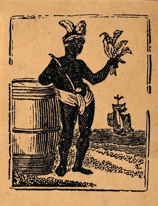 A black man (Native American?) leans on a barrel while holding a pipe and tobacco leaves. Wood-engraving, mid-19th century.