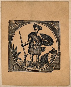 A Scotsman with a rifle, sword and shield guarding barrels (of tobacco?). Wood-engraving, mid-19th century.