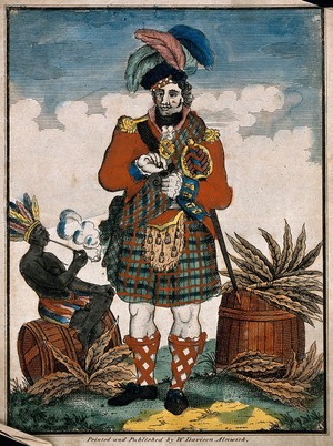 view A Scotsman and a Native American man smoking pipes by barrels of tobacco. Coloured engraving.