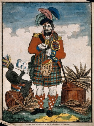A Scotsman and a Native American man smoking pipes by barrels of tobacco. Coloured engraving.