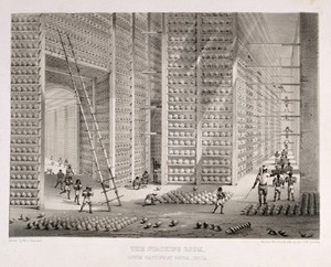 view A busy stacking room in the opium factory at Patna, India. Lithograph after W. S. Sherwill, c. 1850.