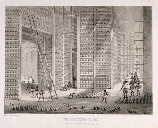 A busy stacking room in the opium factory at Patna, India. Lithograph after W. S. Sherwill, c. 1850.