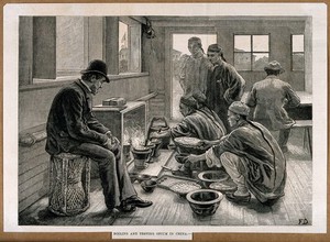 view The boiling and testing of opium by Chinese men watched by a European man. Wood-engraving by F. Dadd, c. 1880.