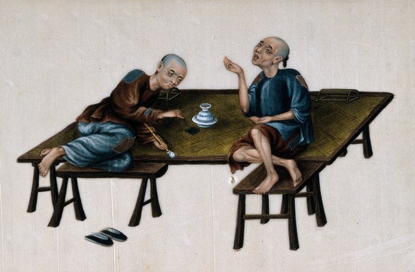 Two poor Chinese opium smokers. Gouache painting on rice-paper, 19th century.