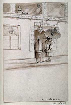 Two Chinese men stand by a shop window while opium smokers sit on the terrace above. Pencil drawing with sepia wash by W. J. Bellairs, 19th century.