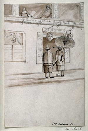 view Two Chinese men stand by a shop window while opium smokers sit on the terrace above. Pencil drawing with sepia wash by W. J. Bellairs, 19th century.