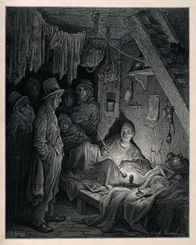 An opium den in London's East End with a reclining smoker being watched by a group of men. Wood engraving by A. Doms, 1872, after G. Doré.