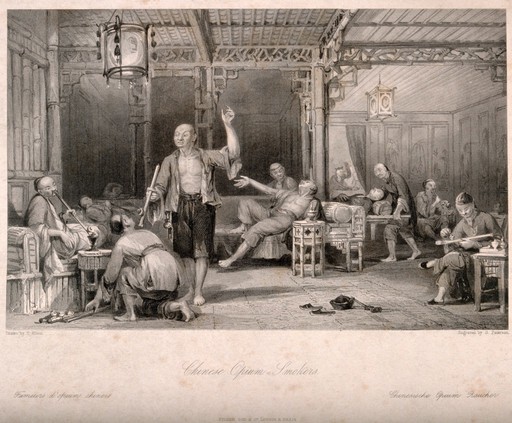 Chinese opium smokers in a saloon experiencing various effects of the drug. Engraving by G. Paterson, mid-19th century, after T. Allom.