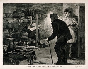 view An opium den in London's East End with men lying on wooden bunks as a smoker enters. Wood-engraving, c. 1880, after J. C. Dollman.