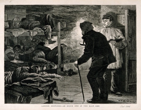 An opium den in London's East End with men lying on wooden bunks as a smoker enters. Wood-engraving, c. 1880, after J. C. Dollman.