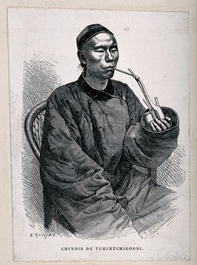 A Chinese man sits smoking an opium pipe. Wood engraving after E. Ronjat.