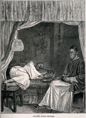 view Two Chinese opium smokers, one reclines on a bed and the other sits. Wood-engraving, late 19th century.