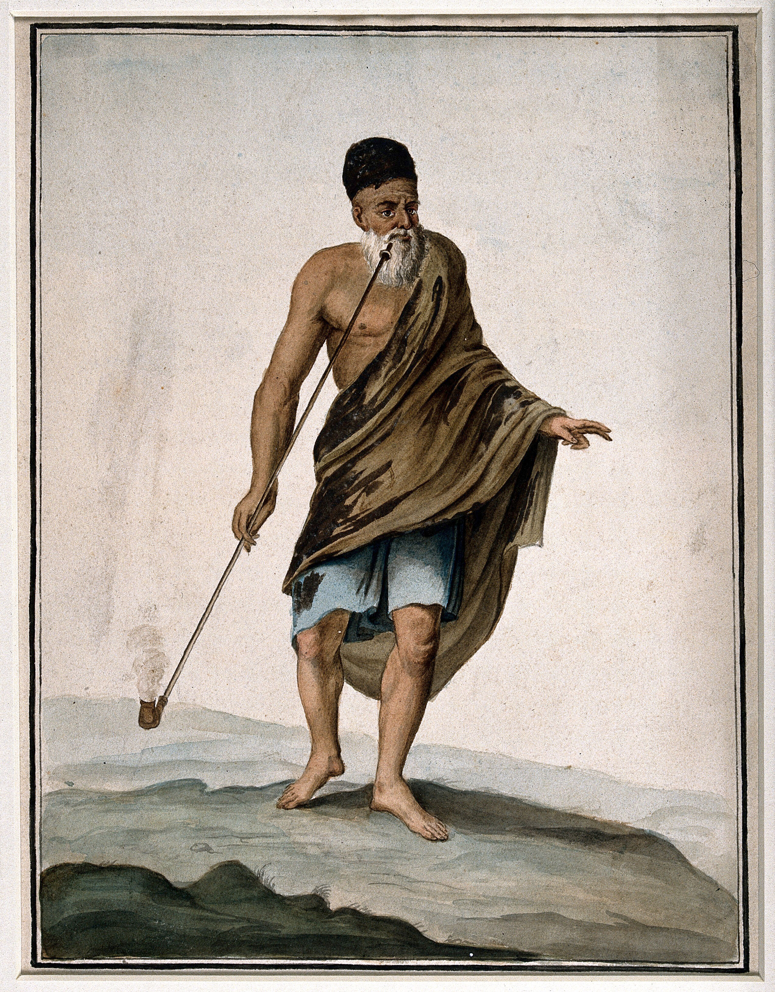 An Old Man In Cloak And Turban Smoking A Long Opium Pipe Watercolour Mid 19th Century Wellcome Collection