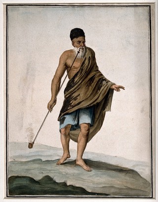 An old man in cloak and turban smoking a long pipe (chibouk). Watercolour, 18--.