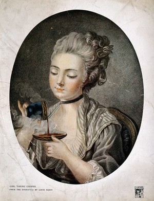 view A girl pours coffee from a cup into a saucer. Colour halftone from an engraving by L. Marin.