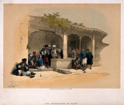 Men smoking and drinking outside a coffee shop in Cairo. Coloured lithograph by L. Haghe, c. 1849, after D. Roberts.