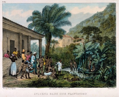 Indians on a coffee plantation washing in a lake and gathering together on the bank. Coloured lithograph by V. Adam, c. 1850, after J. M. Rugendas.