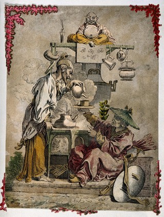 A man pours tea for a resting Chinese warrior as a kettle steams on the stove beside them. Coloured etching with ornamentation after F. Boucher, early 18th century.