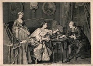 view A priest taking morning tea with a lady in her boudoir: a maidservant stands in the background. Engraving by Remi Parr after N. Lancret.