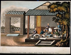 view A tea plantation in China: workers prepare lead for tea containers. Coloured aquatint, early 19th century.