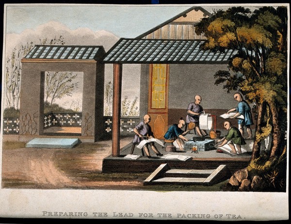 A tea plantation in China: workers prepare lead for tea containers. Coloured aquatint, early 19th century.