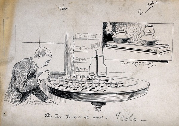 A man tasting tea with inset picture of kettles boiling. Pen and ink drawing, c. 1890.