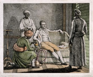 view A European gentleman smoking a hooka and being attended to by Asian men. Coloured etching, c. 1765.