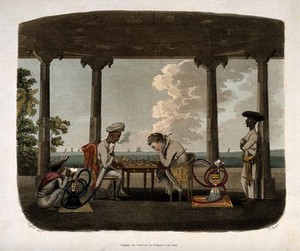 view An Englishman and Asian man seated in a pavilion playing chess and both smoking the hooka. Coloured aquatint by T. Rickards, c. 1804, after C. Gold.