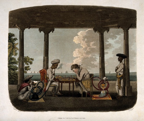 An Englishman and Asian man seated in a pavilion playing chess and both smoking the hooka. Coloured aquatint by T. Rickards, c. 1804, after C. Gold.