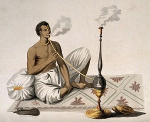 view An Indian man smoking a nariel, or cocoa nut hooka. Coloured stipple and line etching, c. 1804, after F. Solvyns.