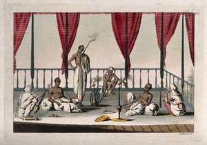 view Six Indian men smoking a variety of pipes and hookas. Coloured aquatint with etching by A. Biasioli, c. 1815.