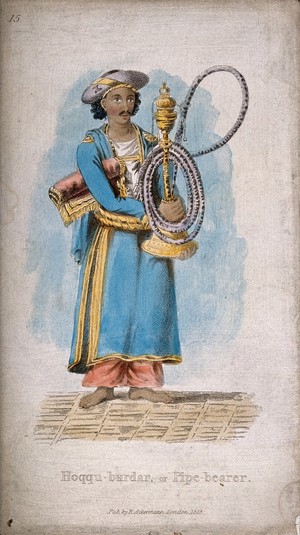 view A man bearing a hooka. Coloured stipple print, c. 1828.