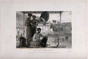 view A wealthy Mohammedan smoking a hooka as two attendants fan him. Engraving by J. Stephenson, 1835, after W. Daniell.