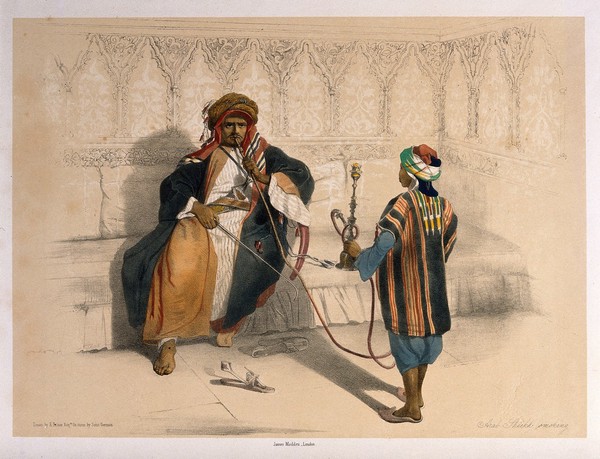 An Arab sheikh smoking a hooka attended by his pipe-bearer. Coloured lithograph by Saint Germain, c. 1850, after E. Prisse.