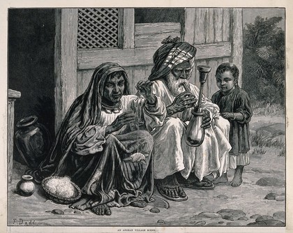 An old Afghan man sits with a woman and child on the ground smoking a hooka. Wood-engraving after F. Dadd.