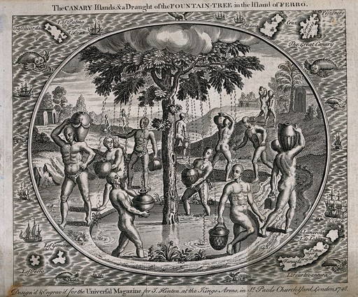 Canary Islanders circling a fountain tree (Spathodea campanulata) and filling their urns with the water it secretes. Wood-engraving, c. 1748.