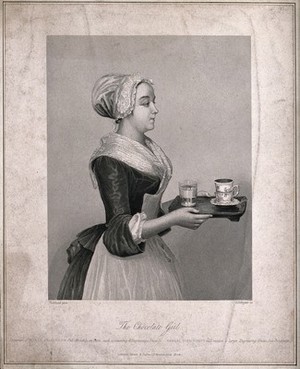 view A pretty maid carrying drinking chocolate on a tray. Stipple engraving by A. H. Payne after Liotard, c. 1743.