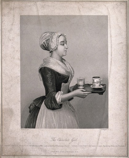 A pretty maid carrying drinking chocolate on a tray. Stipple engraving by A. H. Payne after Liotard, c. 1743.