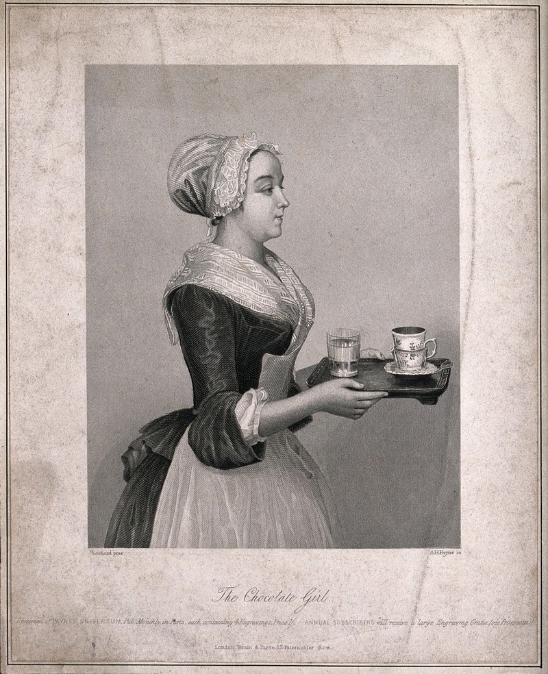A pretty maid carrying drinking chocolate on a tray. Stipple engraving by A. H. Payne after Liotard, c. 1743., 1743, by Jean-Étienne Liotard