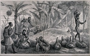 view African people brewing pombe beside a pile of sorghum grain. Wood engraving by J. B. Zwecker.