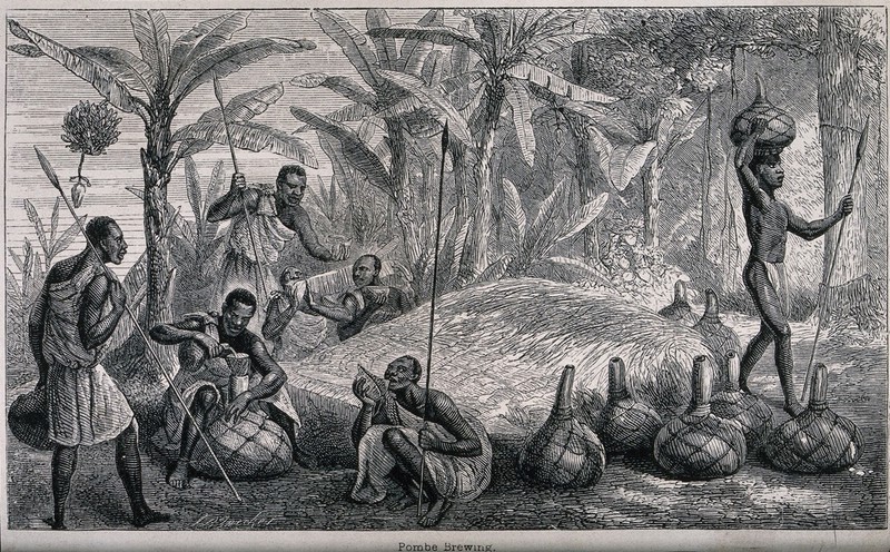 African people brewing pombe beside a pile of sorghum grain. Wood engraving by J. B. Zwecker., by Johann Baptist Zwecker