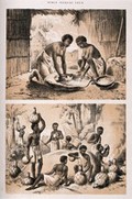 view Two pictures: two women pounding grain and African people brewing pombe. Lithograph with tint plate.