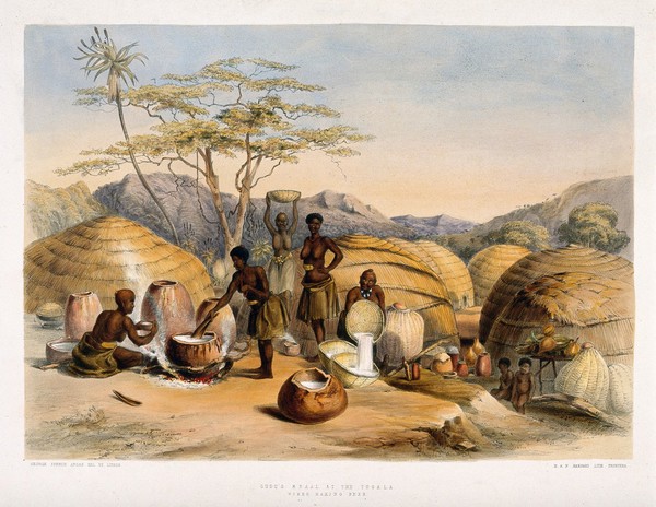 South Africa: Zulu women brewing beer. Coloured lithograph by G.F. Angas, 1849.